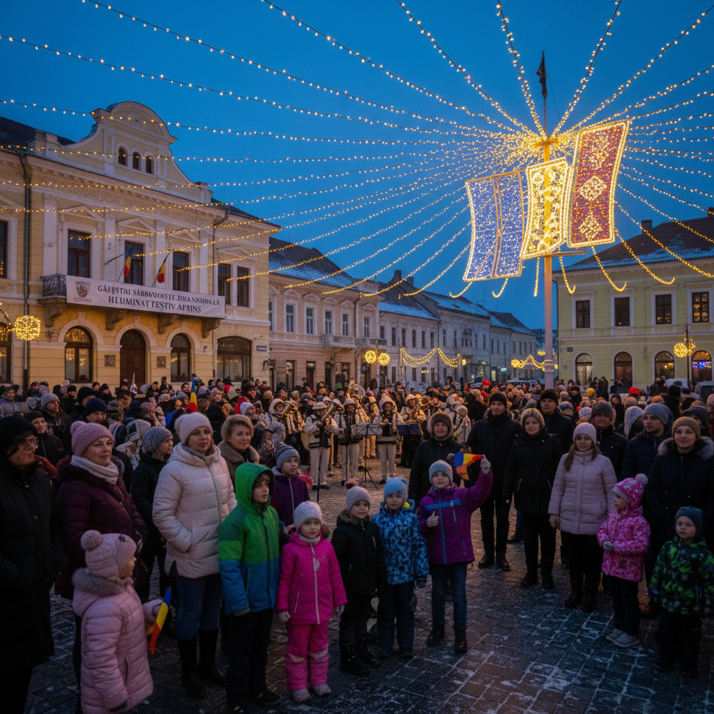 Găești marchează Ziua Națională cu aprinderea iluminatului festiv de sărbători